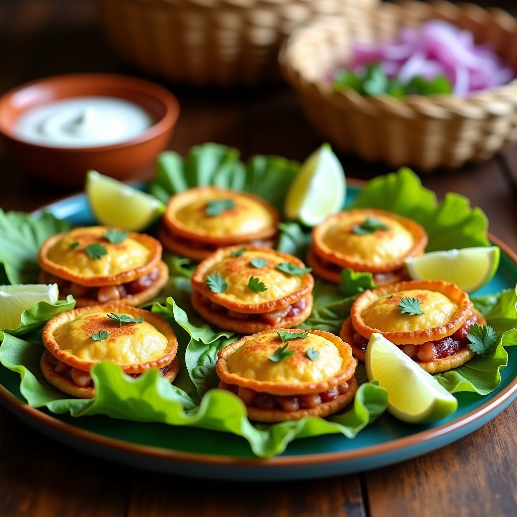 Tortitas doradas de maíz azul con atún desmenuzado, servidas sobre hojas de lechuga romana con rodajas de limón y salsa de yogur griego. Plato colorido y apetitoso, ideal para tupper.