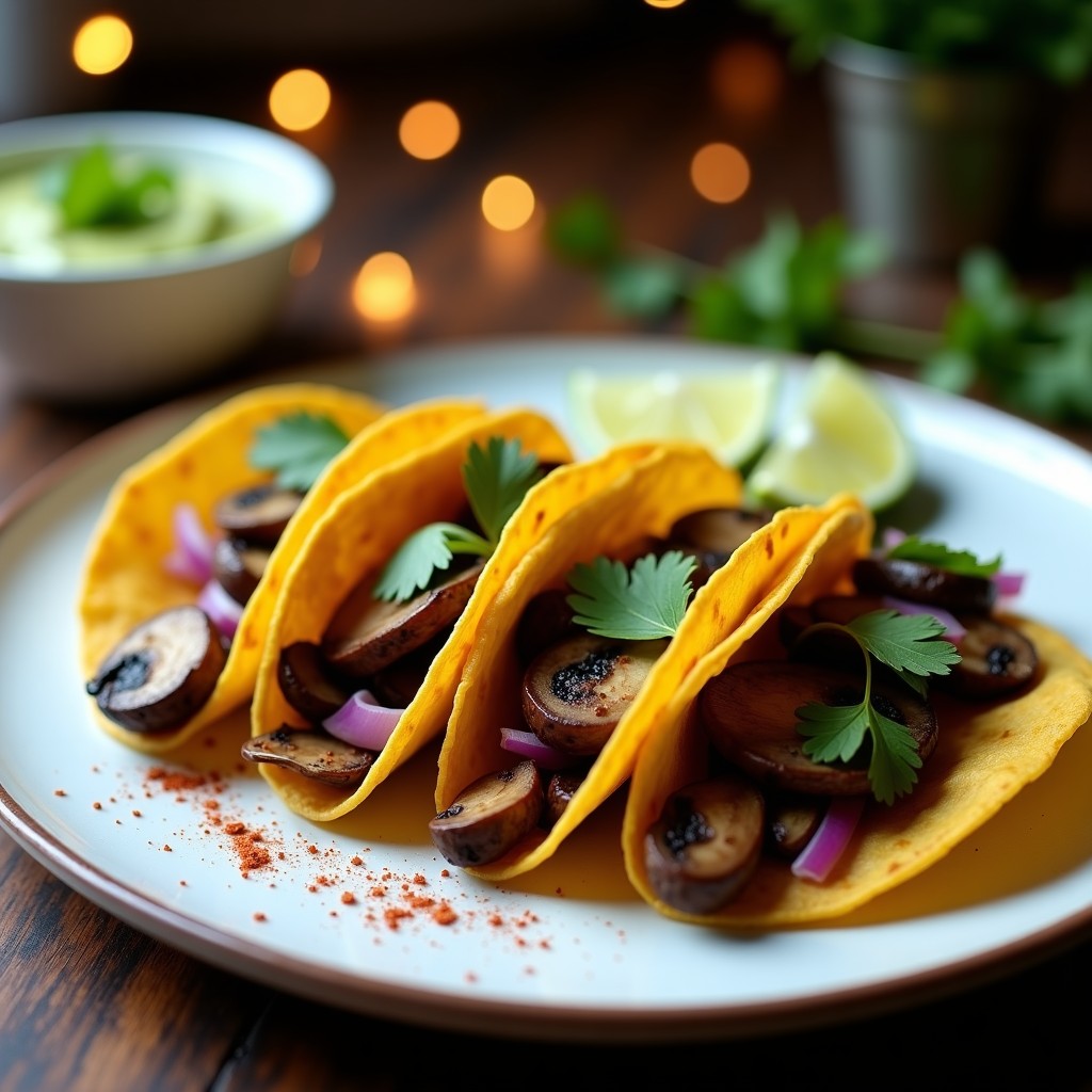 Plato con tortitas de maíz azul doradas rellenas de champiñones portobello ahumados, cebolla morada y cilantro fresco, servidas con rodajas de limón.