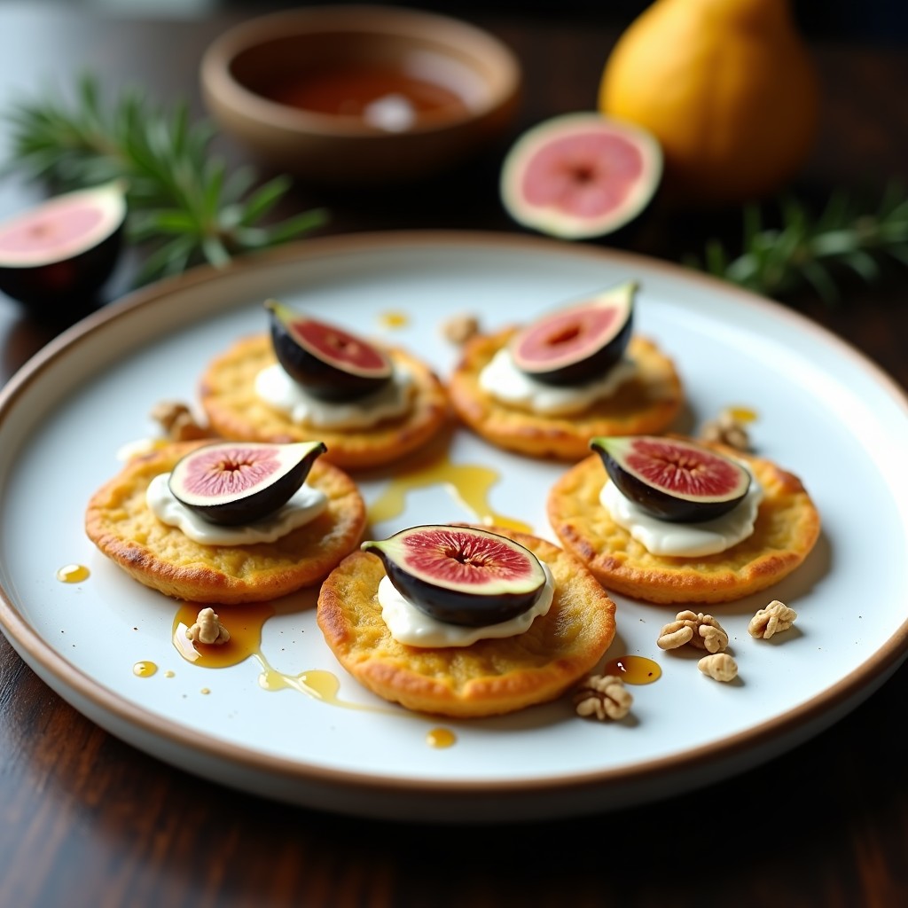 Plato rústico de madera con tortitas de maíz azules doradas, higos caramelizados brillantes, queso de cabra desmenuzado blanco y nueces picadas, decorado con hojas de menta fresca y un hilo de miel. Receta mexicana dulce-salada.