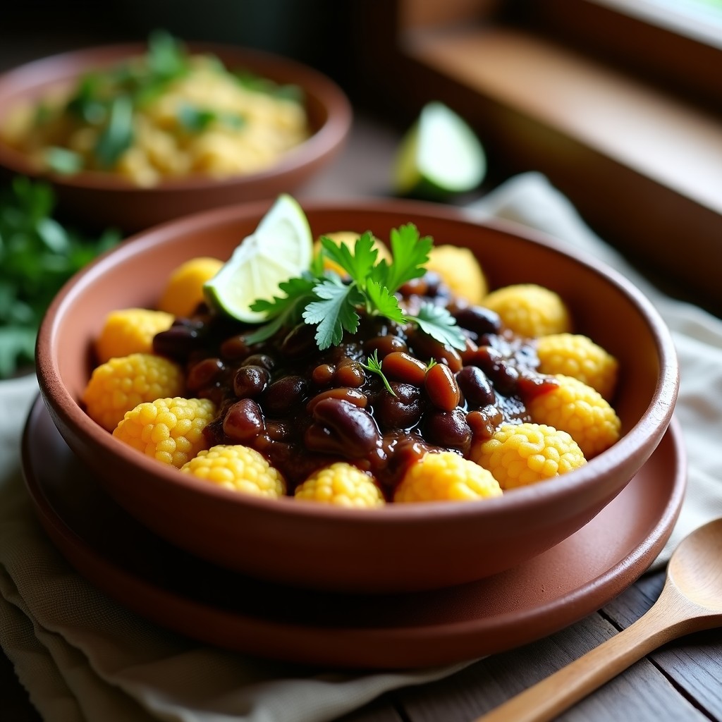 Plato hondo de barro con tortitas de maíz doradas y esponjosas, cubiertas con un guiso espeso de frijoles negros y chorizo vegano de portobello. Acompañado de cilantro fresco y rodajas de limón, sobre un mantel de lino rústico. Receta colombiana en sartén.