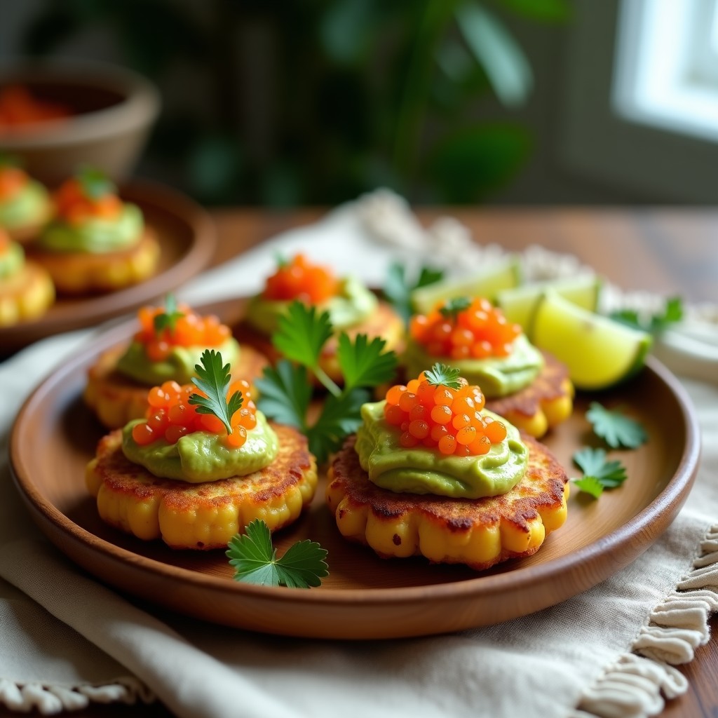 Tortitas doradas de maíz keto servidas en un plato rústico, coronadas con guacamole cremoso y huevas de trucha ahumadas de color naranja intenso, decoradas con cilantro fresco y rodajas de limón, receta alta en omega-3.