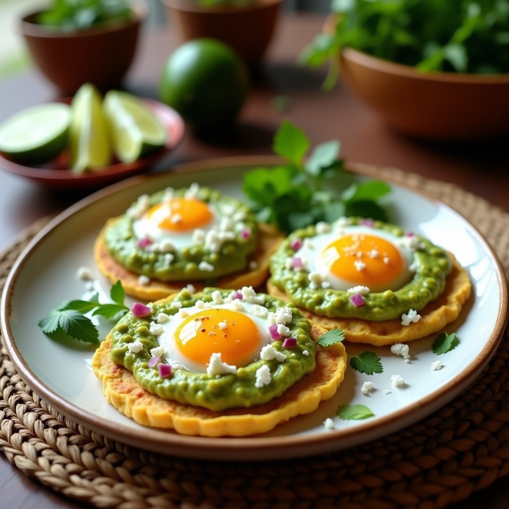 Plato colorido con tortitas de maíz azul calientes, huevos de codorniz con yema líquida, salsa verde cremosa de aguacate y lima, decorado con semillas de sésamo, cebolla morada y cilantro fresco. Desayuno mexicano rápido y alto en proteína.