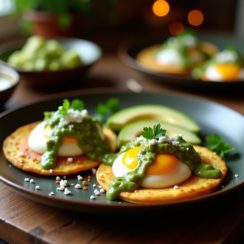 Plato con dos tortitas doradas de maíz nixtamalizado, cubiertas con huevo pochado de yema líquida, salsa verde fresca, rodajas de aguacate y queso fresco desmenuzado. Desayuno proteico y colorido sobre fondo rústico de madera.