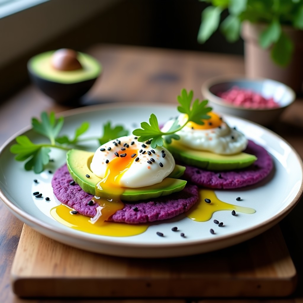 Tortitas de Maíz Morado con Huevo Poché y Aguacate: Desayuno Sin Gluten en 15 Minutos