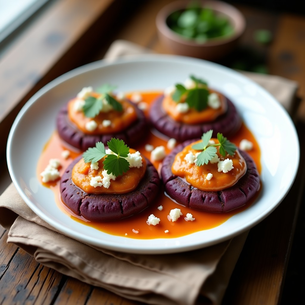 Tortitas de maíz morado doradas y crujientes en airfryer, rellenas de pollo al curry con espinacas y queso fresco, servidas en plato rústico con cilantro fresco y rodajas de limón.
