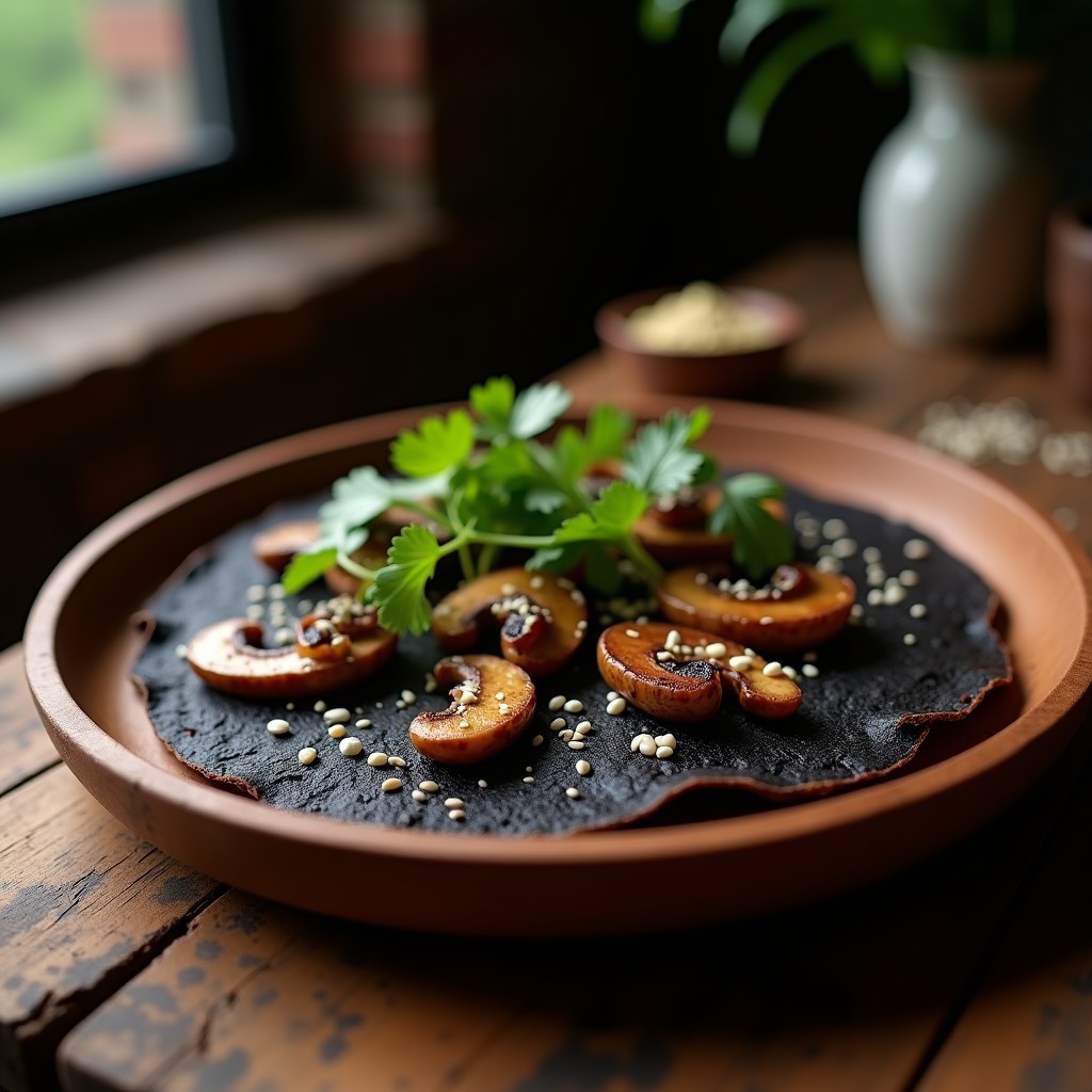 Tortitas doradas y crujientes de maíz negro con trozos de hongo shitake salteado, decoradas con semillas de sésamo y cilantro fresco, servidas en un plato de madera rústico.