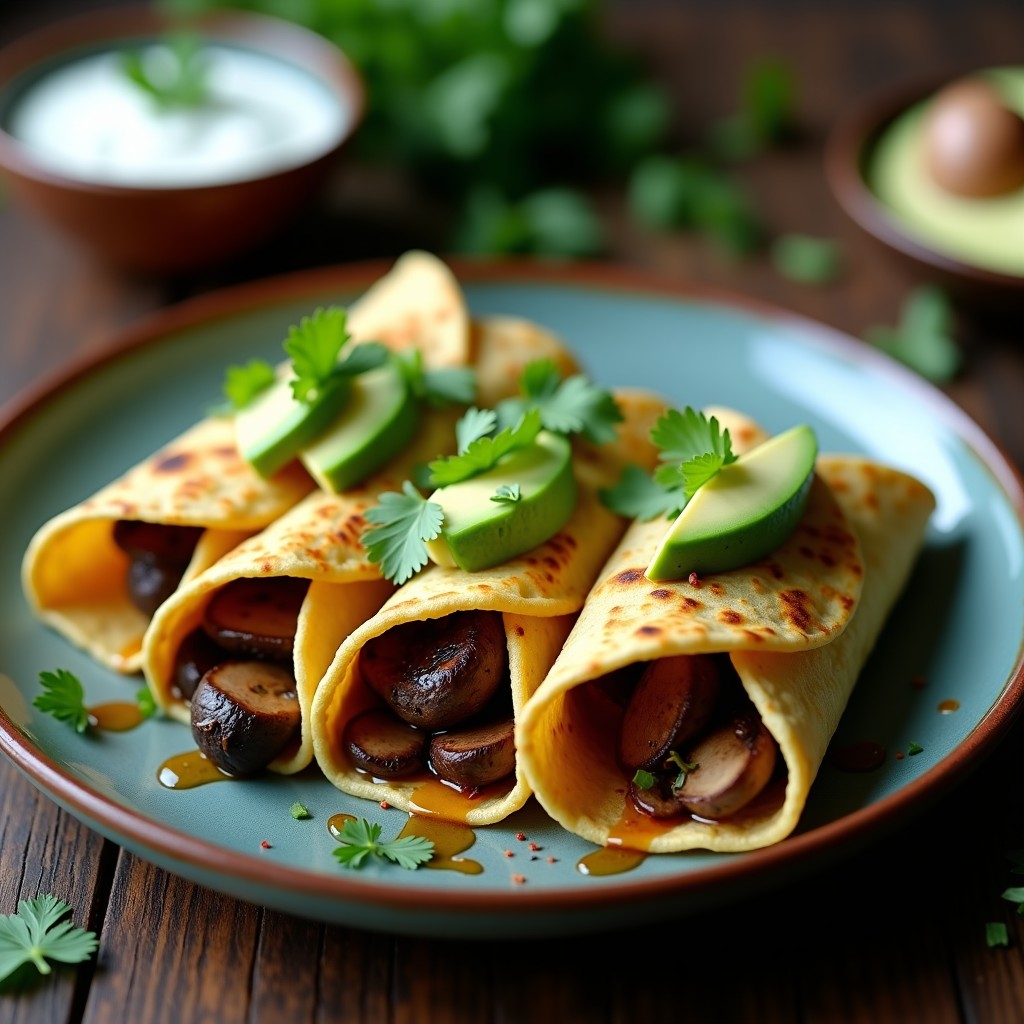 Plato con tortitas de maíz azul rellenas de hongos portobello y shiitake ahumados, acompañadas de aguacate y cilantro fresco. Receta vegana y alta en proteína.