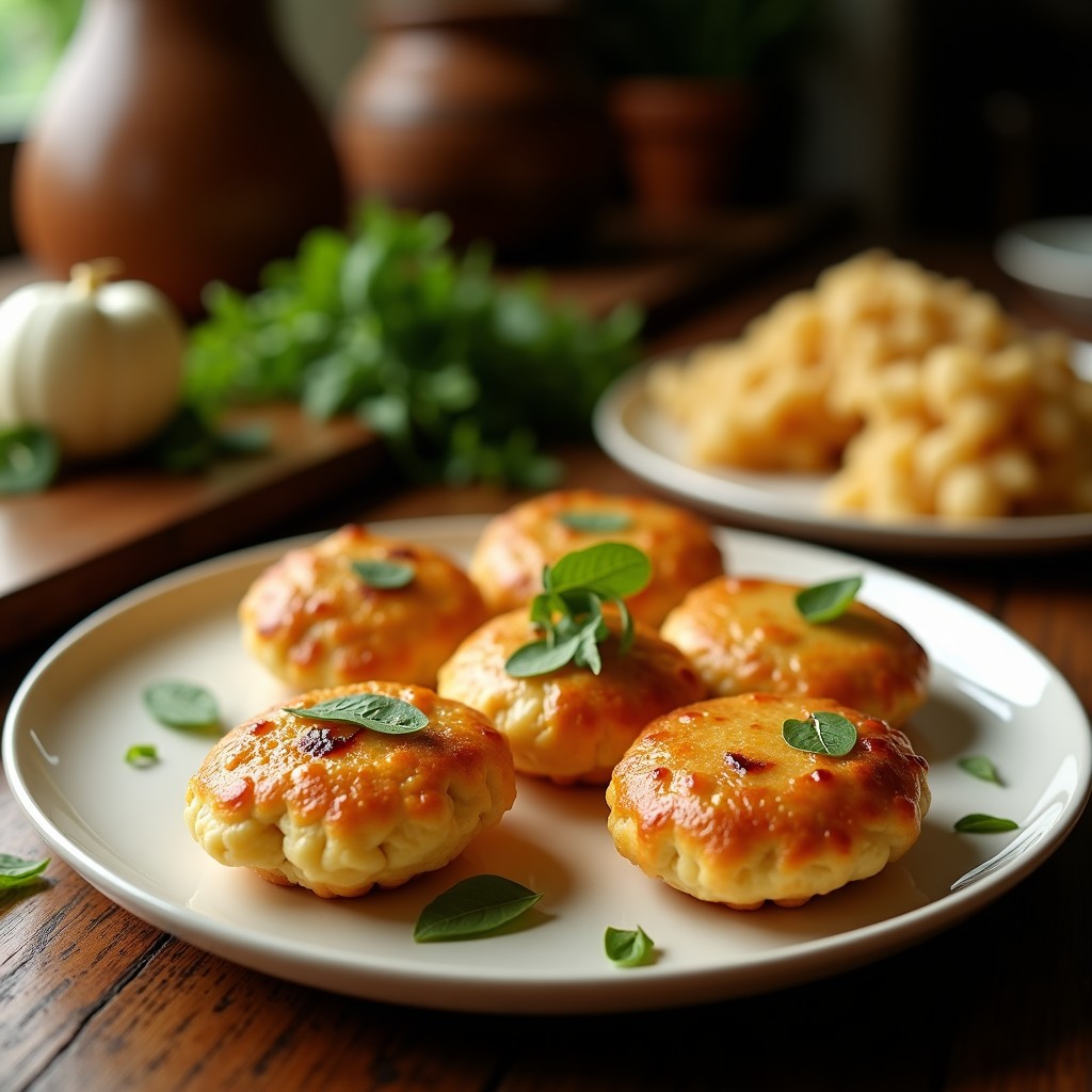 Tortitas de maíz doradas rellenas de queso brie derretido, decoradas con nueces picadas y miel, servidas en bandeja rústica de madera.