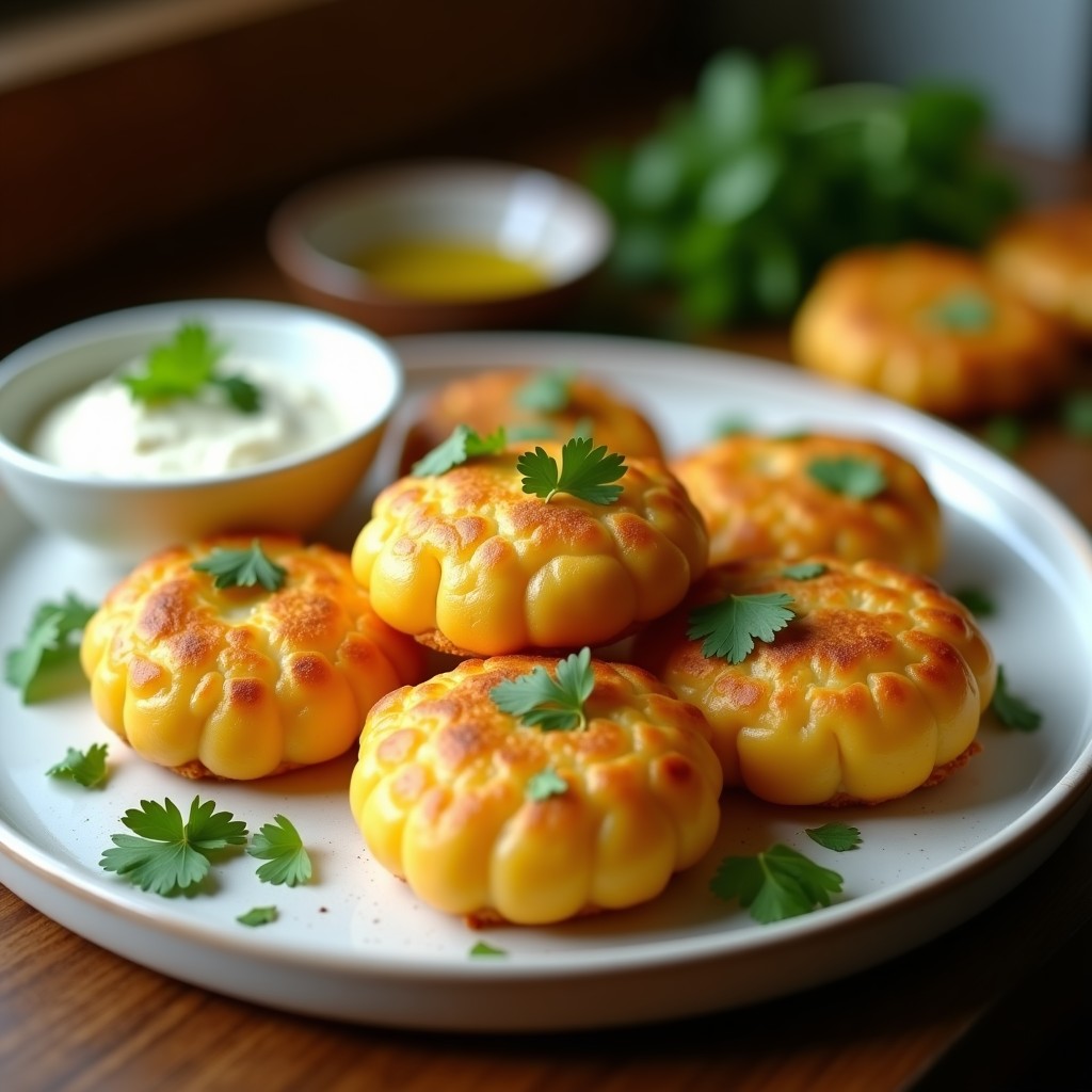 Tortitas de maíz doradas y esponjosas rellenas de queso fresco, servidas en un plato blanco con hierbas frescas y salsa de yogur al lado, receta airfryer.