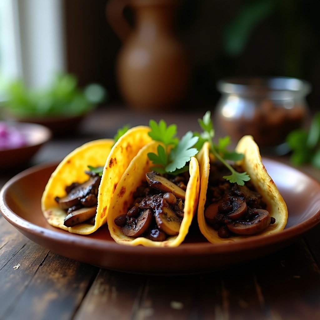 Plato rústico con tortitas de maíz azul veganas rellenas de hongos portobello y shiitake salteados, decoradas con cilantro fresco. Receta sin gluten y alta en proteína.