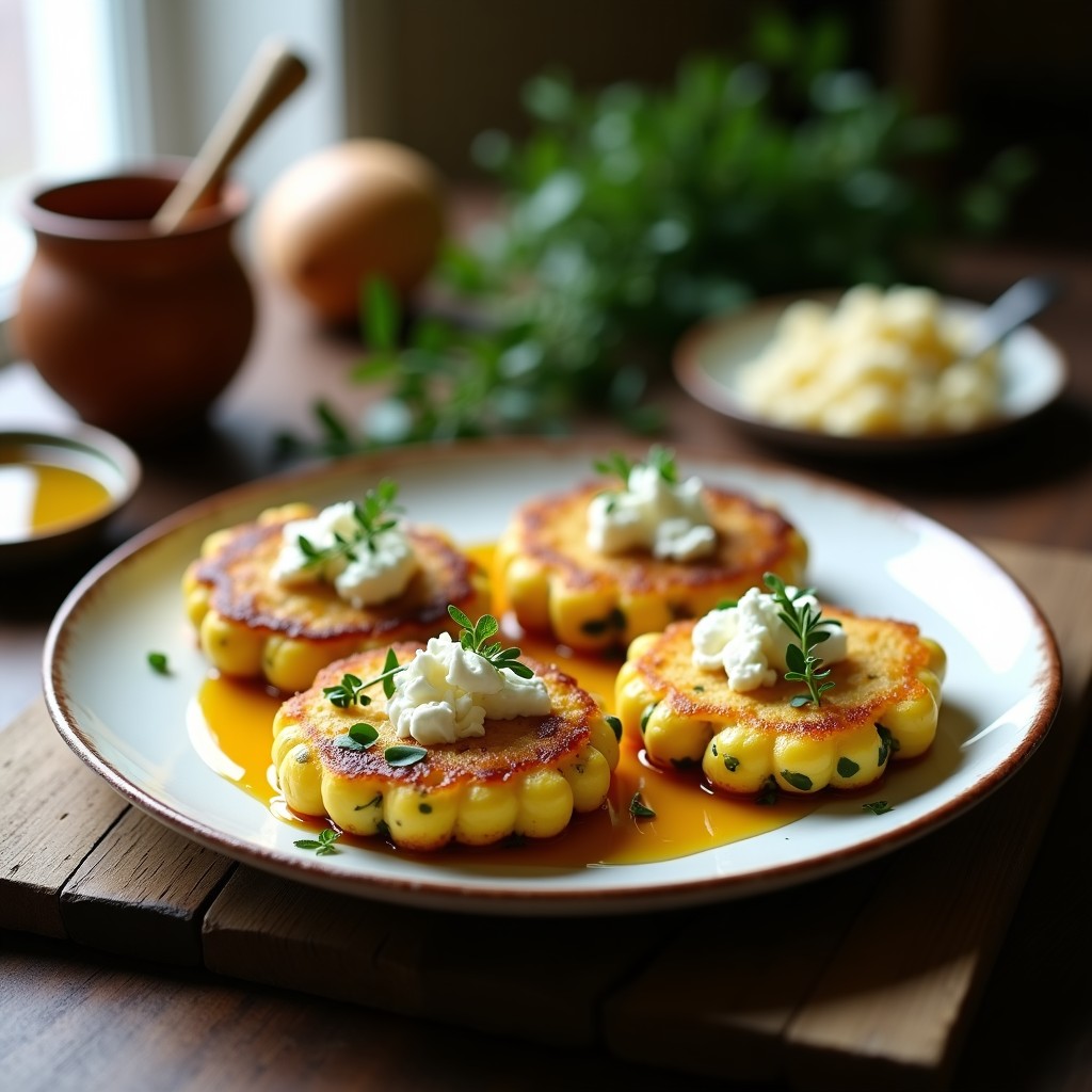 Tortitas de Maíz Verde con Queso Feta y Miel de Tomillo: Receta Griega en 10 Minutos