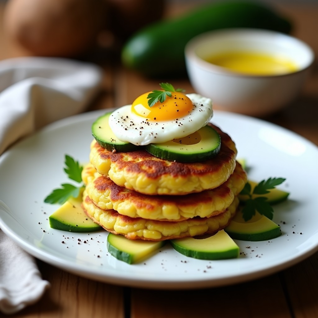 Tortitas doradas de maíz y zucchini keto apiladas en un plato blanco, con rodajas de aguacate y huevo pochado encima, acompañadas de perejil fresco y un fondo rústico.