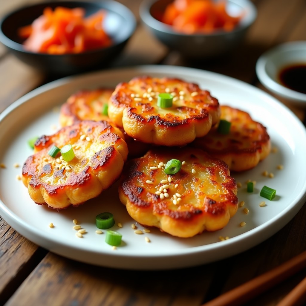 Plato blanco con tortitas doradas y crujientes de kimchi y tofu, servidas con más kimchi fresco y semillas de sésamo espolvoreadas, receta probiótica airfryer.