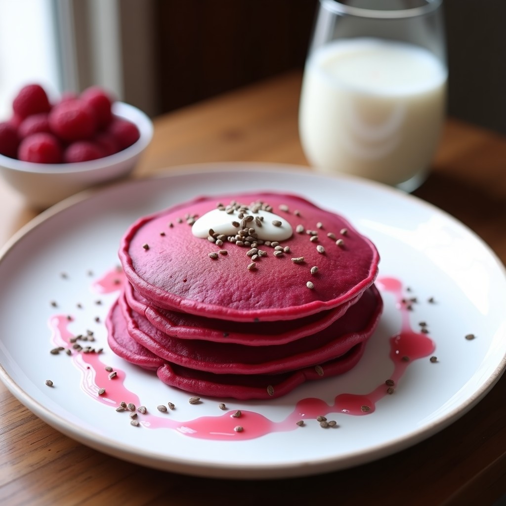 Pila de tortitas esponjosas de color rosado intenso, hechas con remolacha y kéfir, servidas en un plato blanco con un chorrito de kéfir líquido y semillas de chía espolvoreadas. Receta probiótica y sin gluten.