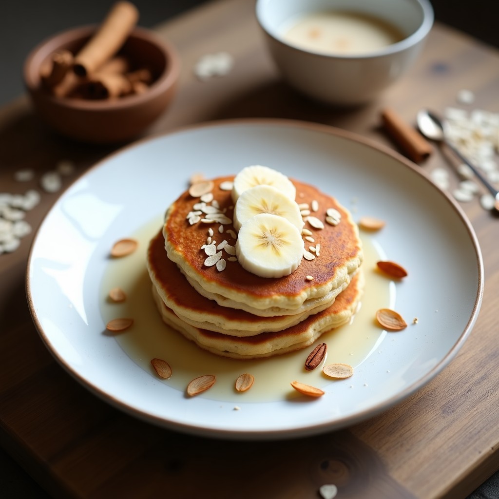 Plato blanco con dos tortitas doradas de avena y cardamomo, apiladas y coronadas con rodajas de plátano y almendras fileteadas. Fondo rústico con especias y copos de avena esparcidos.