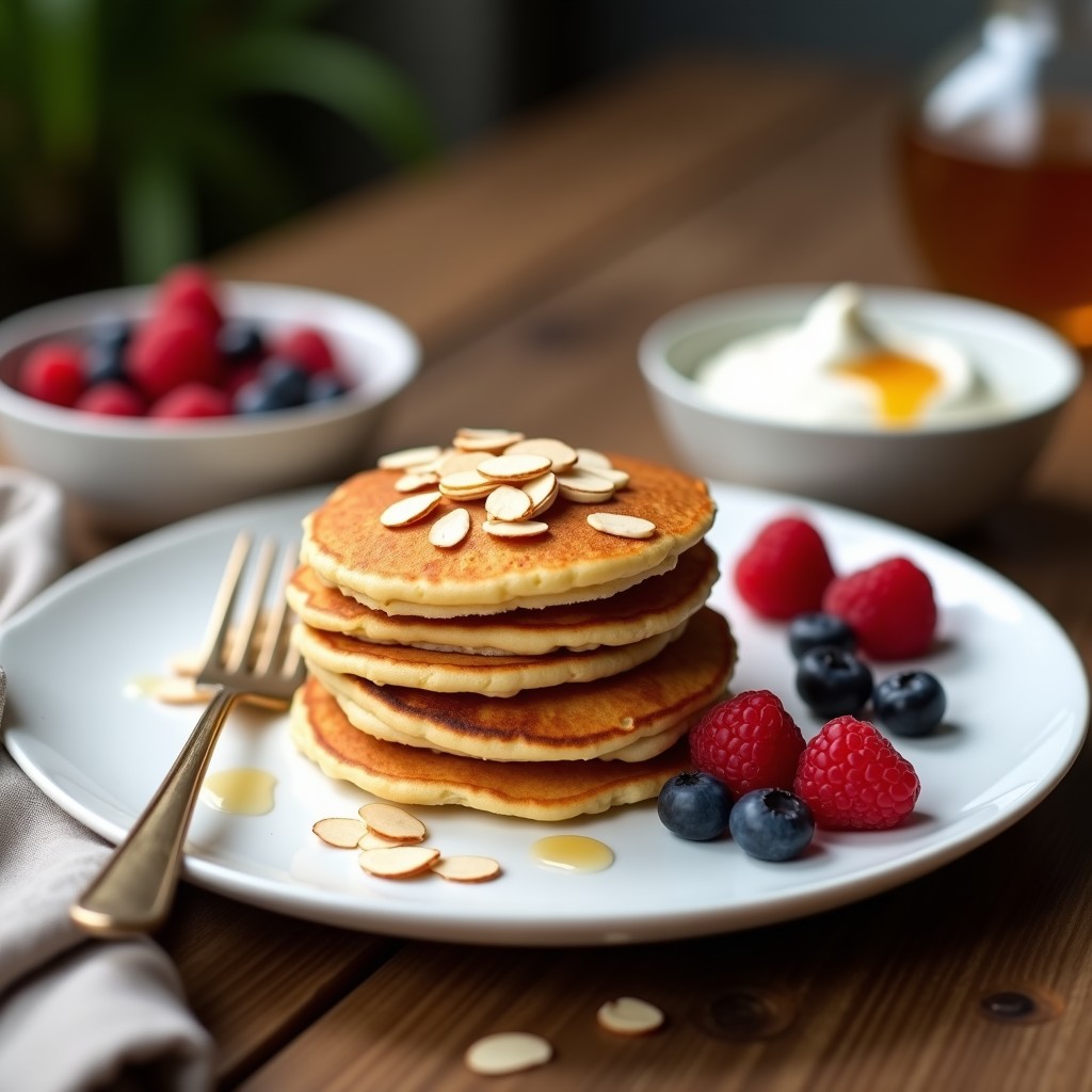 Pila de tortitas doradas de avena y coliflor con almendras fileteadas, servidas en un plato blanco con yogur griego y frutos rojos, receta proteica sin harina.