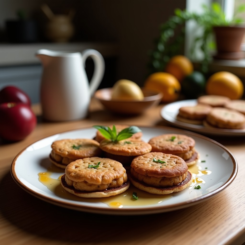 Pila de tortitas esponjosas de proteína con cacao y plátano, servidas en un plato blanco con frutos rojos y un espolvoreado de cacao puro.