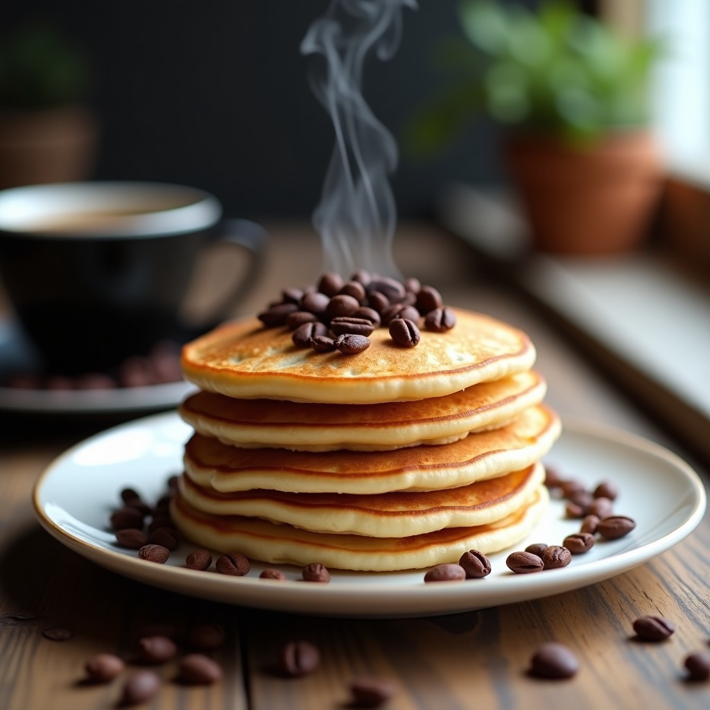 Tortitas doradas y esponjosas de café y cacao nibs apiladas en un plato blanco, con cacao nibs visibles en la superficie y un fondo rústico de madera. Receta alta en proteína sin harina.