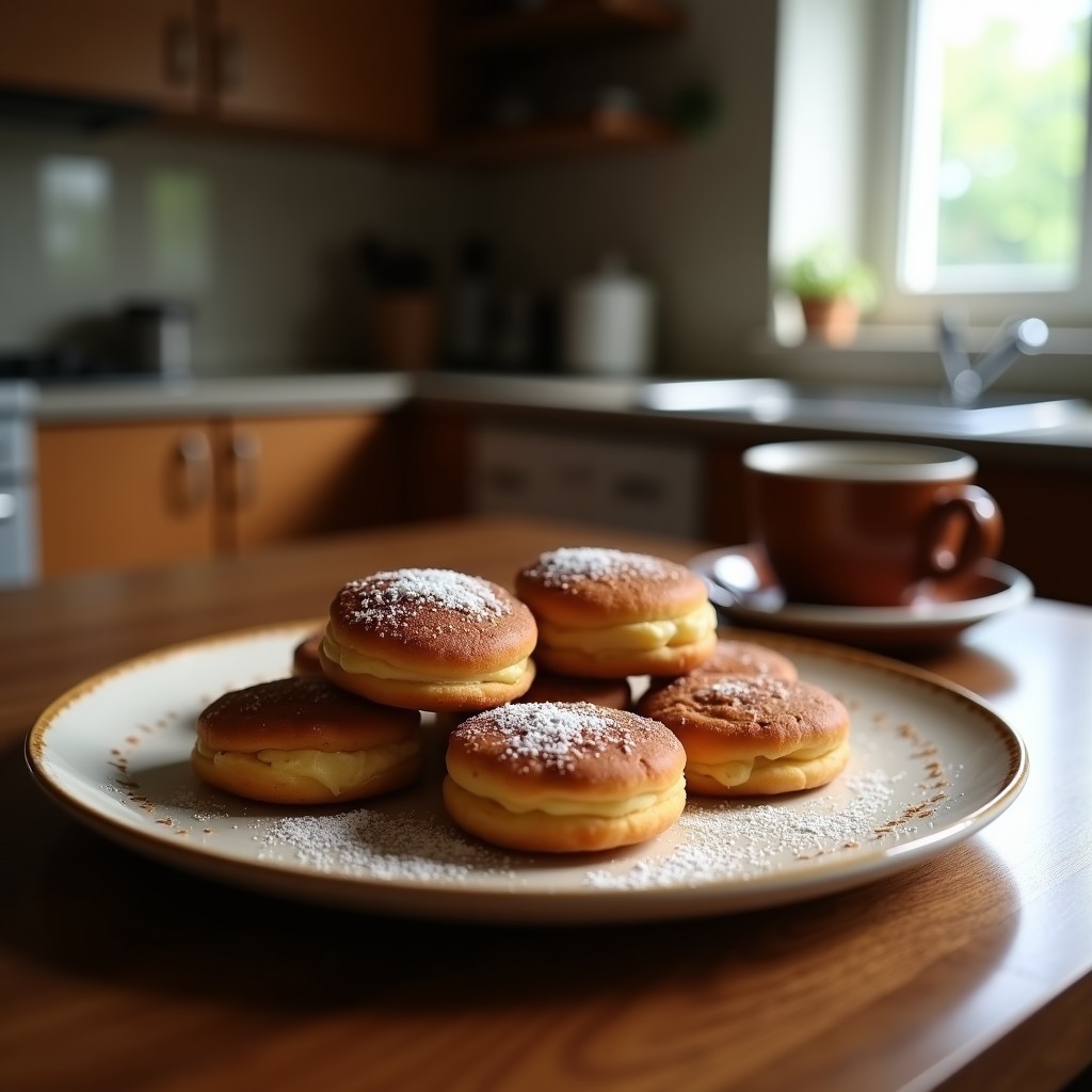Pila de tortitas esponjosas de café y cacao con vetas oscuras, servidas en plato blanco con frutos rojos y un chorrito de sirope, receta proteica sin harina.