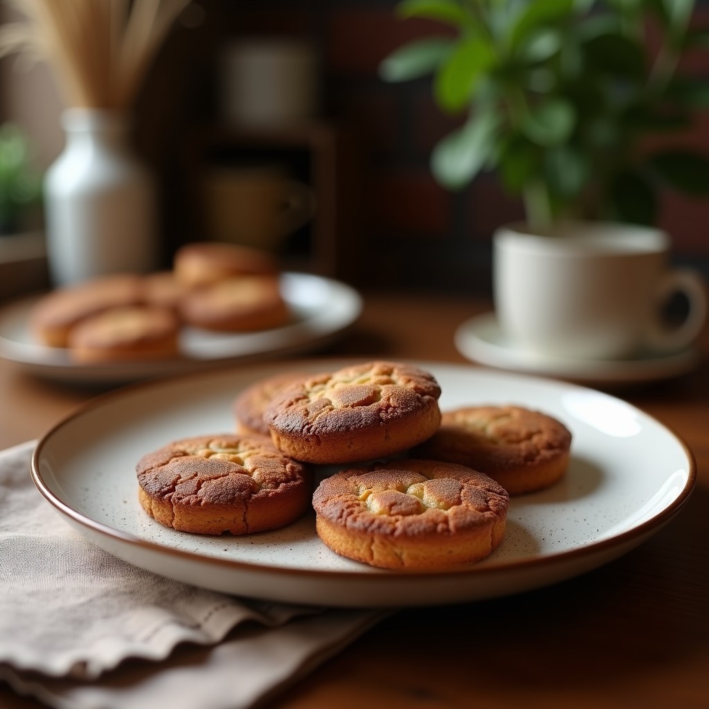 Pila de tortitas doradas y esponjosas de café moka, apiladas con una cucharita de crema de cacahuete derritiéndose por encima, sobre un plato blanco con fondos de café y cacao en polvo espolvoreado.