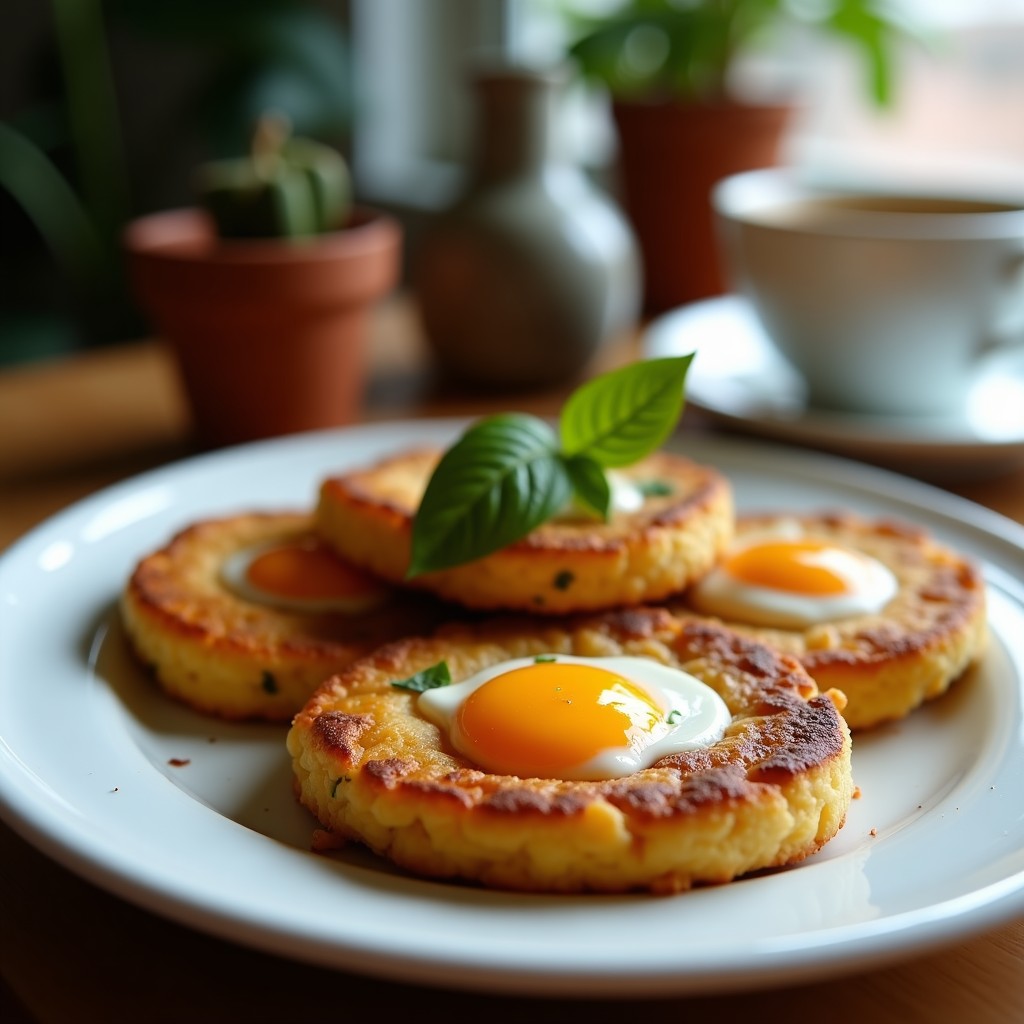 Pila de tortitas doradas de calabaza y café proteicas, apiladas con trocitos de anacardo y un hilo de miel, sobre un plato blanco con fondo rústico de madera.