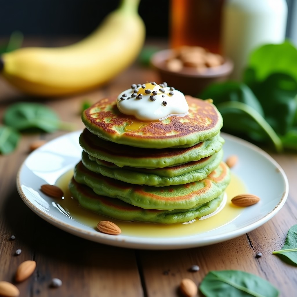 Pila de tortitas verdes esponjosas de espinacas y plátano con trozos de almendras, servidas en plato blanco con topping de yogur griego y semillas de chía, receta alta en proteína sin harina.