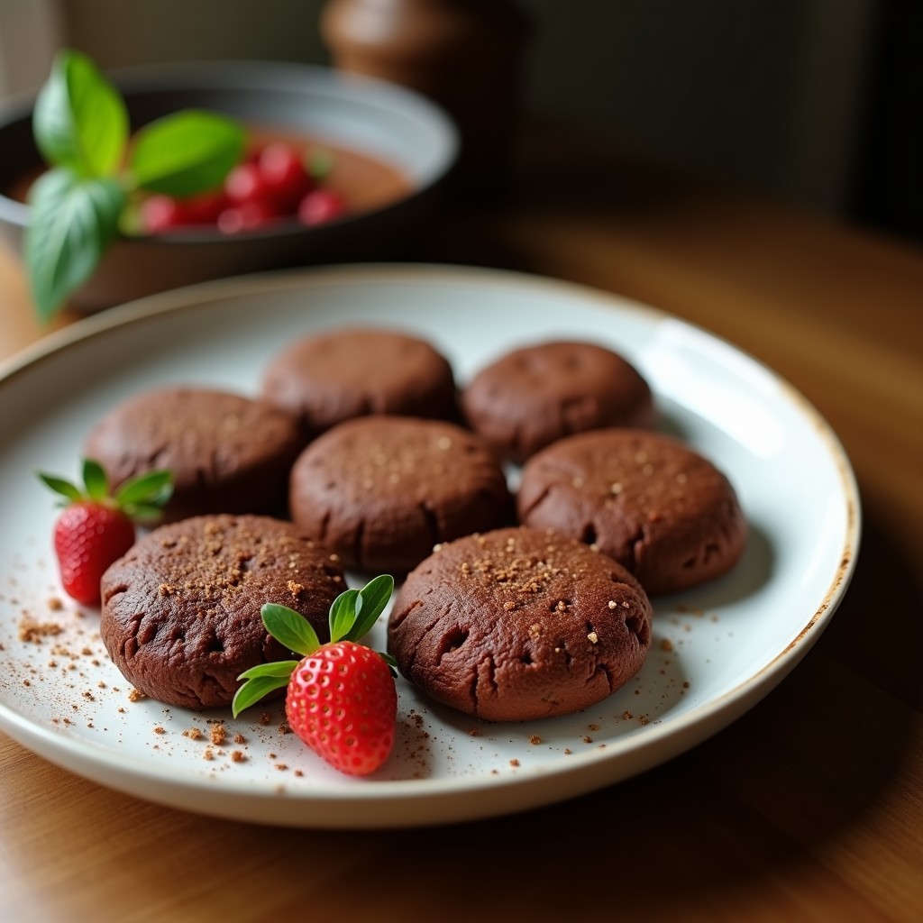 Tortitas esponjosas de color morado oscuro con vetas de cacao, apiladas en un plato blanco con decoración de yogur griego y frutos rojos, receta de postre saludable alta en proteína.