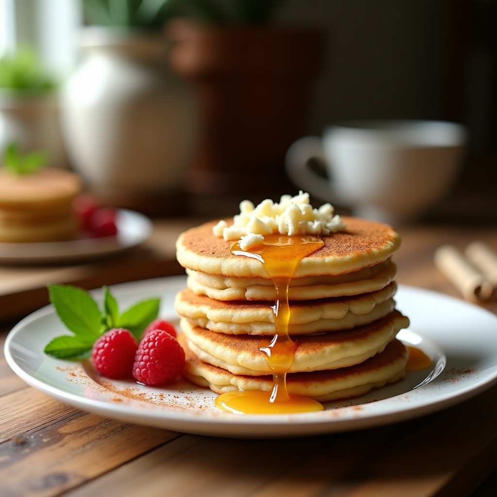Pila de tortitas doradas de queso fresco y miel con harina de trigo sarraceno, servidas en plato blanco con hilo de miel y canela espolvoreada.