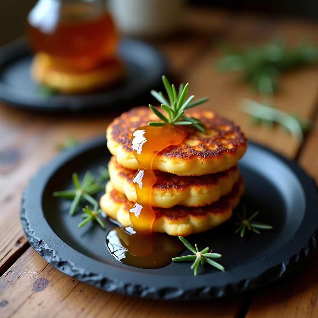 Plato de pizarra con tortitas doradas de queso manchego apiladas, bañadas en miel trufada brillante y decoradas con romero fresco, receta gourmet española.