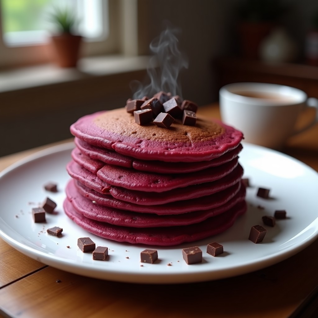 Pila de tortitas esponjosas de color rojo intenso con trocitos de chocolate negro derretido, servidas en un plato blanco con fondo rústico.