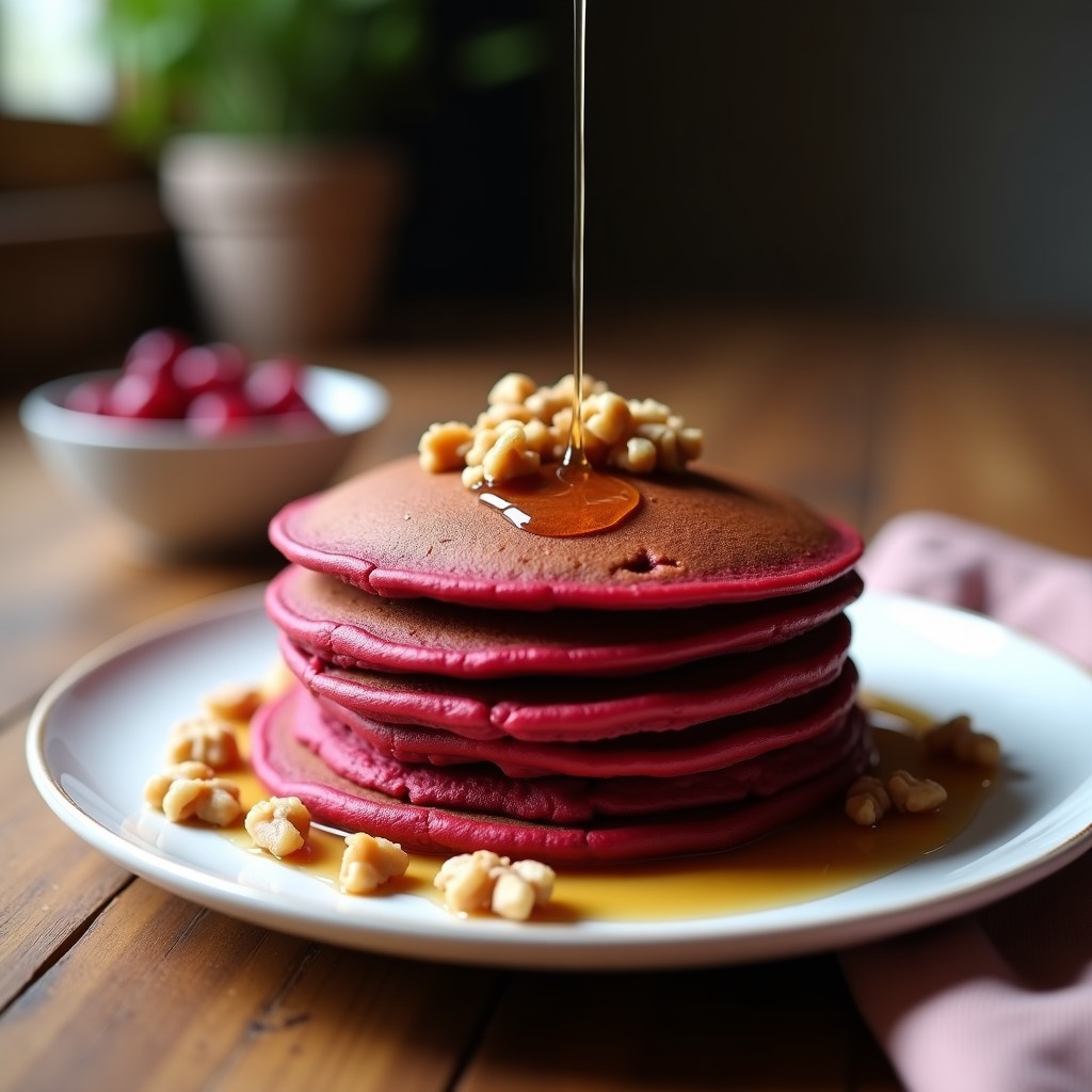 Pila de tortitas veganas de remolacha y chocolate con tonos rosados y marrones, servidas en un plato blanco con nueces picadas y sirope de arce, receta sin harina y alta en fibra.