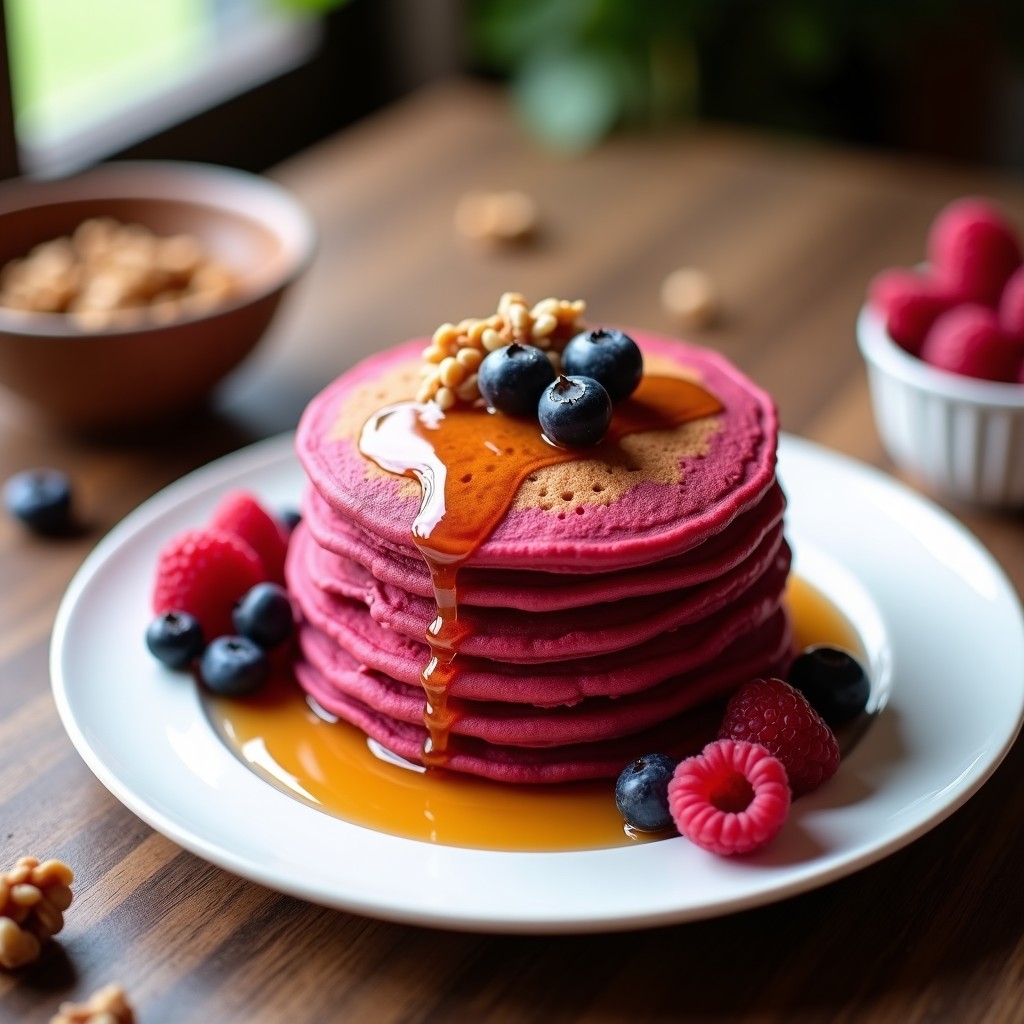 Pila de tortitas esponjosas de color rosado intenso por la remolacha, con trozos de nueces, servidas en un plato blanco con un chorrito de sirope y frutos rojos al lado.