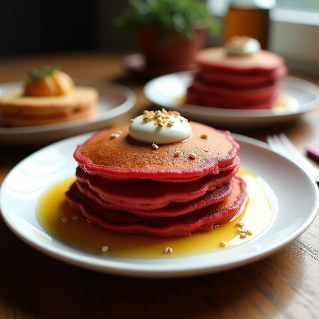 Tortitas doradas de remolacha y azafrán apiladas, con textura esponjosa y bordes ligeramente crujientes, servidas sobre un plato blanco con yogur griego y miel. Receta express sin harina.