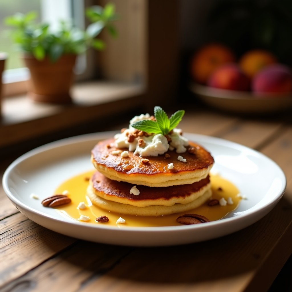 Plato blanco con dos tortitas doradas de harina de teff, cubiertas con compota de durazno brillante y queso ricotta cremoso. Acompañadas de nueces pecanas picadas y un hilo de miel de agave. Fondo rústico con textura de madera.