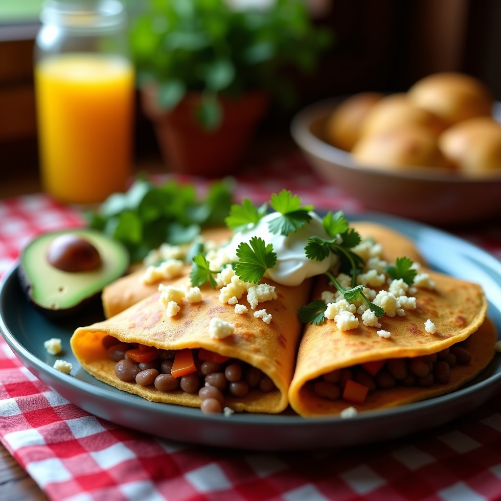 Plato de tortitas vaqueras mexicanas doradas, rellenas de frijoles negros refritos y queso fresco, servidas con salsa verde y crema ácida sobre un mantel rústico de tela a cuadros.