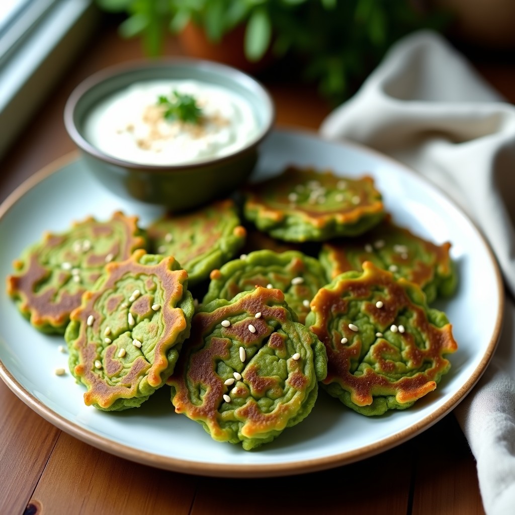 Tortitas verdes crujientes de arugula y espinaca servidas en un plato blanco, con semillas de sésamo visibles y un dip de yogur al lado, receta en airfryer.