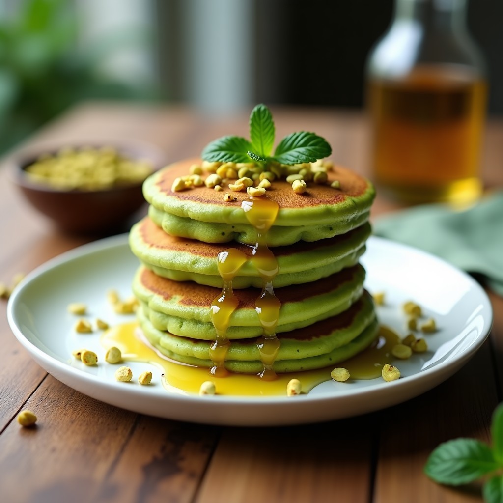 Tortitas verdes esponjosas de pistacho y matcha servidas en un plato blanco, con un chorrito de sirope dorado y pistachos picados por encima, receta airfryer.