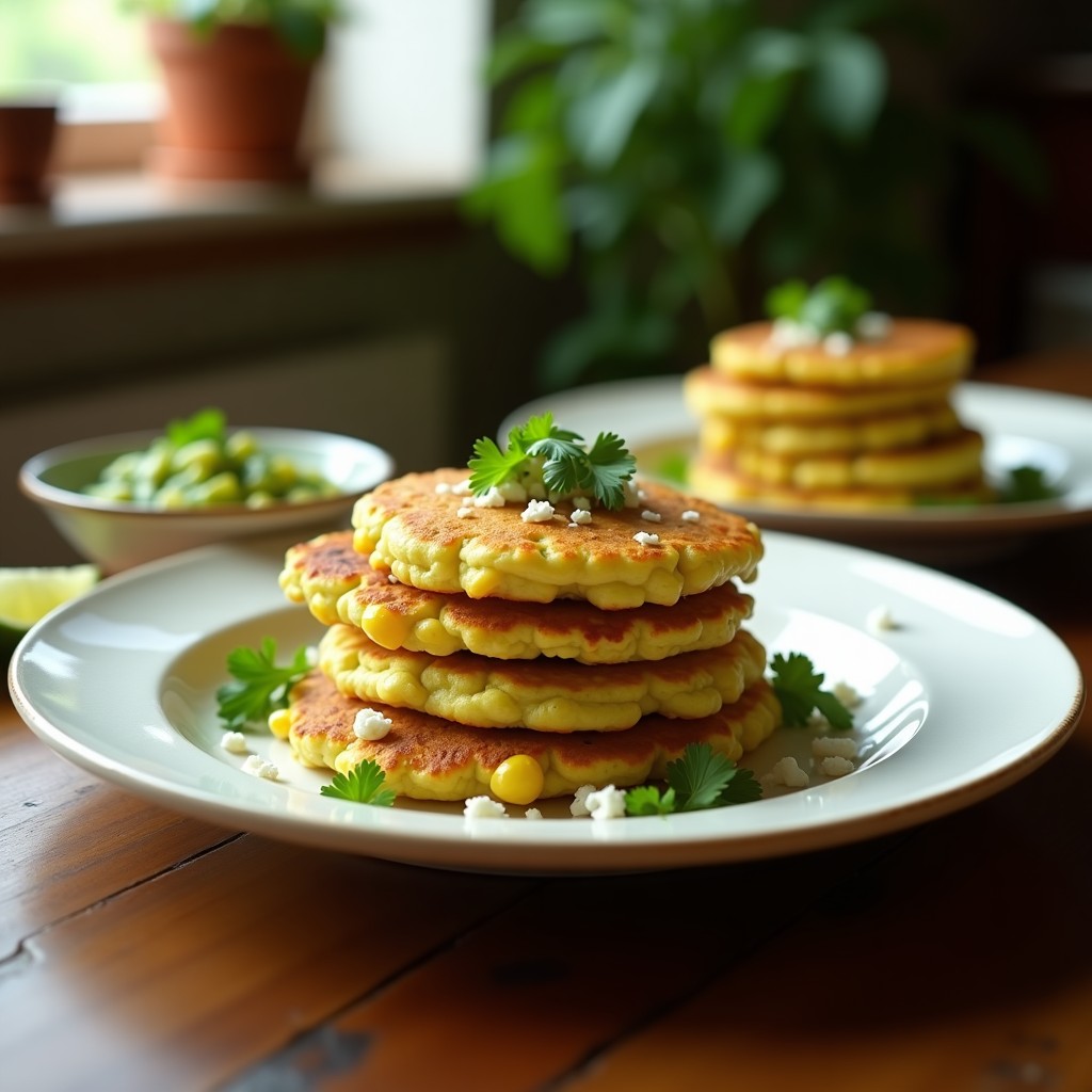 Plato blanco con tortitas verdes de elote y queso fresco doradas, apiladas con trozos de queso desmenuzado y hojas de cilantro fresco. Acompañadas de salsa verde en un bol pequeño al lado.