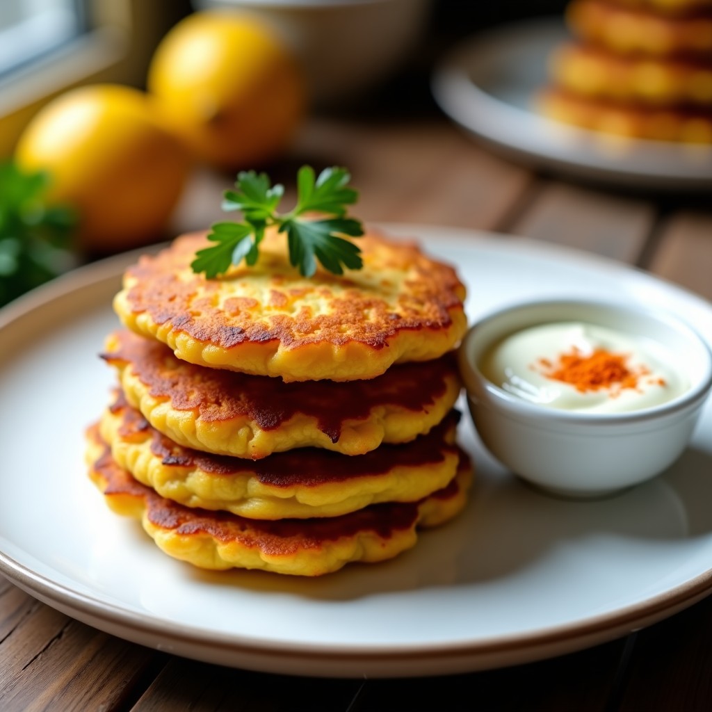 Tortitas doradas de verduras con azafrán servidas en un plato blanco, acompañadas de una salsa cremosa y hierbas frescas, receta en Thermomix.