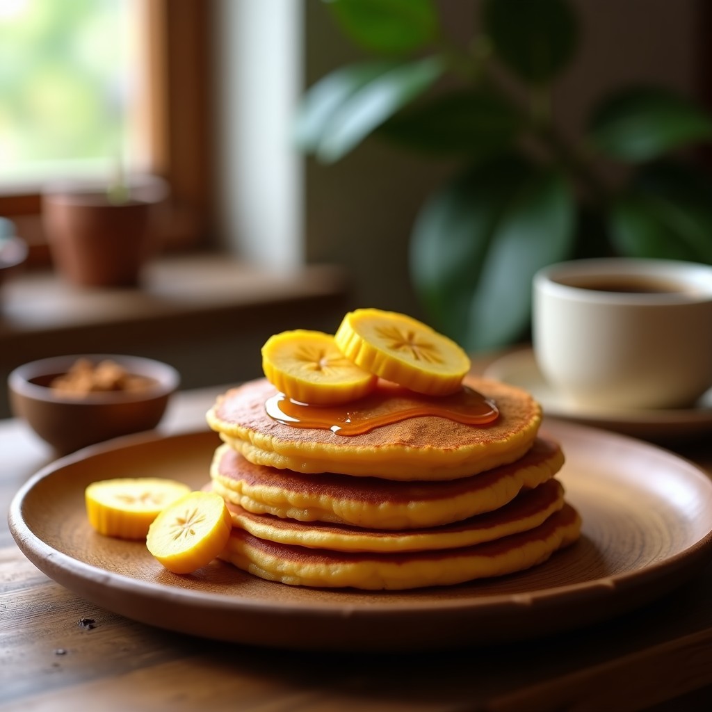 Plato con tortitas doradas de yuca y plátano maduro, apiladas y acompañadas de rodajas de plátano fresco y un chorrito de miel, sobre fondo rústico de madera.