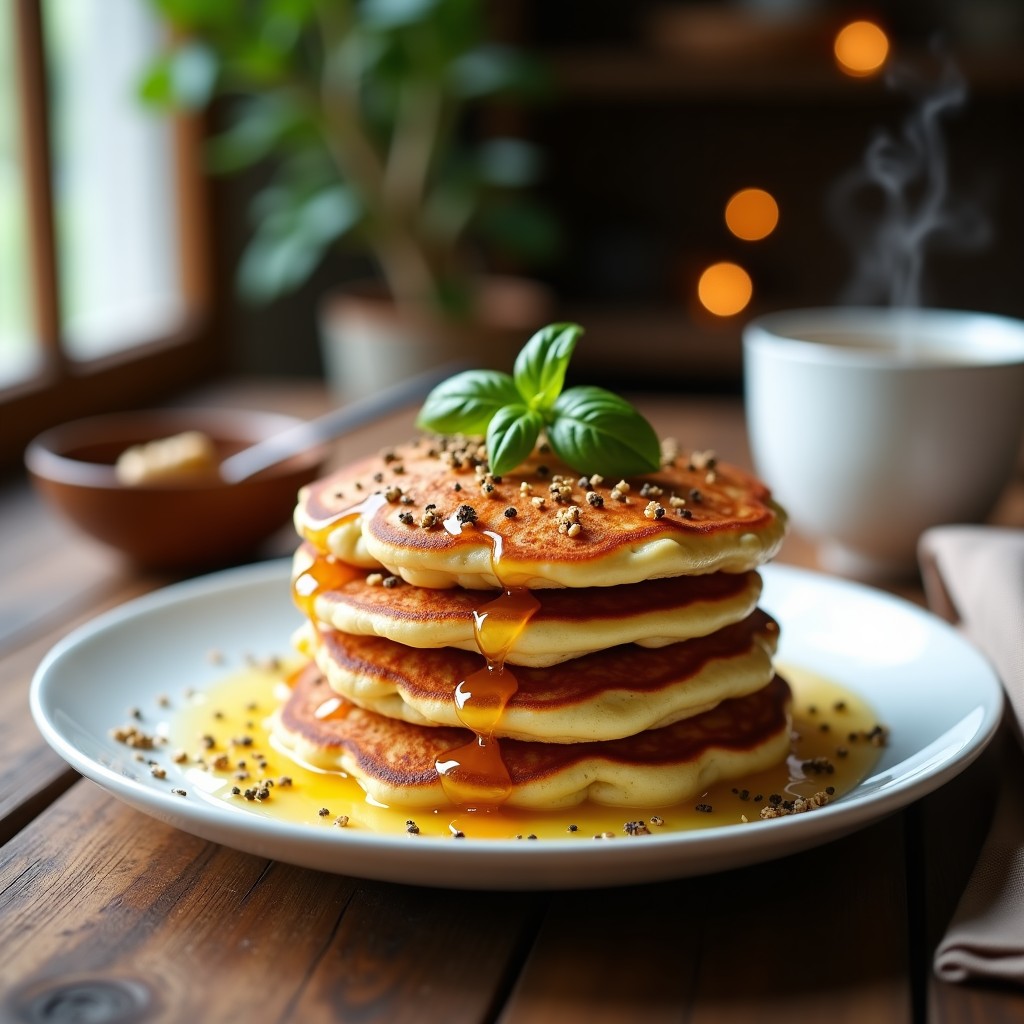 Plato blanco con tortitas doradas de zaatar y yogur griego apiladas, decoradas con miel y espolvoreadas con zaatar. Fondo rústico con taza de té.
