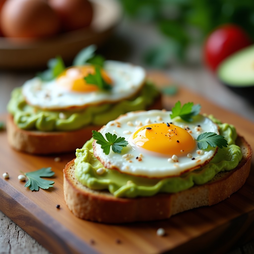 Tosta de pan integral crujiente con aguacate cremoso y huevo pochado perfecto, espolvoreada con semillas de sésamo y cilantro fresco, receta en Thermomix.
