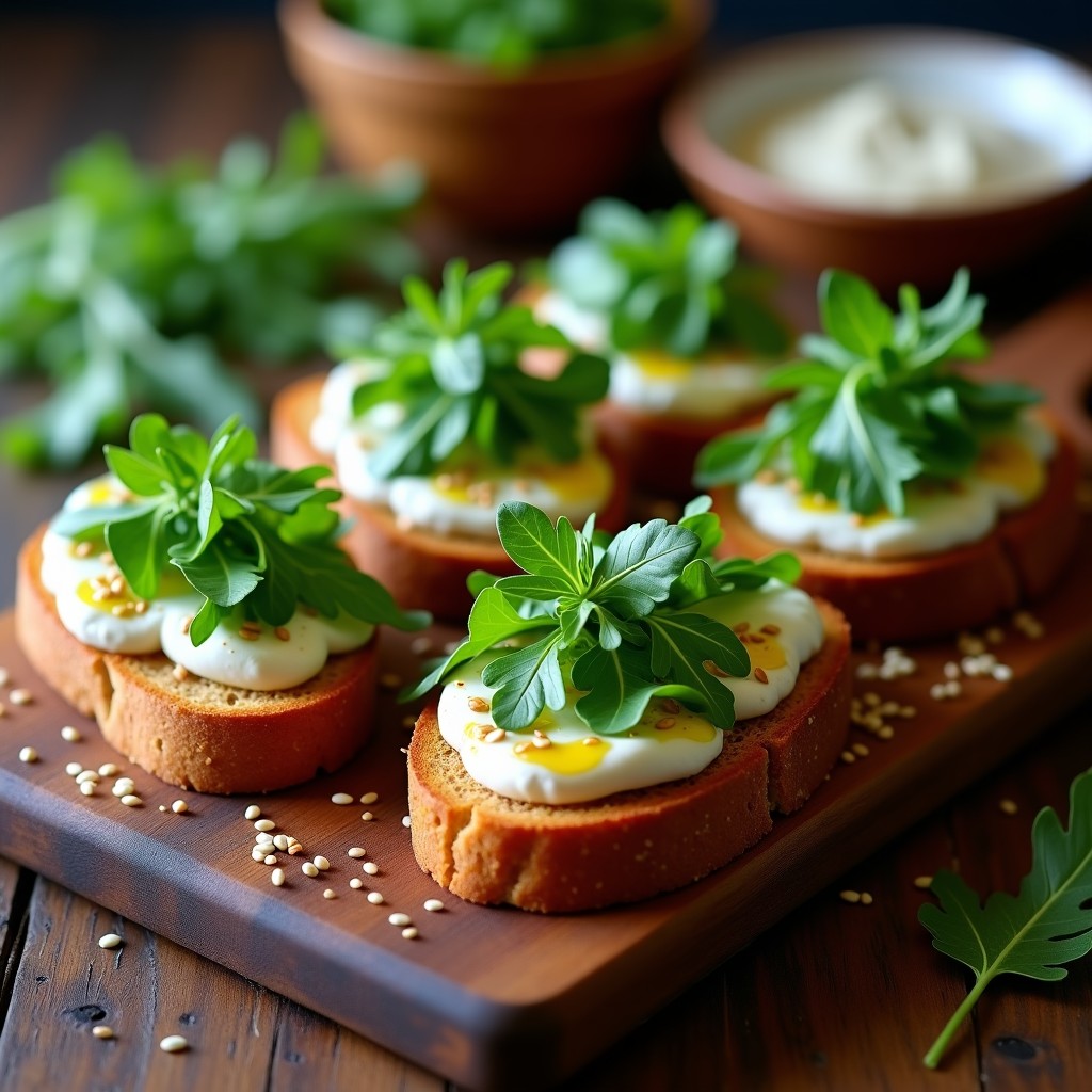 Tosta de pan de centeno dorado con crema de anchoas suave y brillante, coronada por hojas de rúcula fresca y semillas de sésamo. Plato de aperitivo español sin lactosa, servido en tabla de madera rústica.