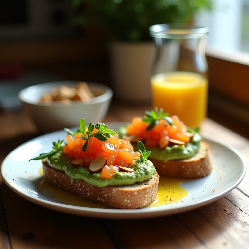 Tosta de pan de espelta dorado con una capa generosa de crema de aguacate verde brillante, coronada con huevas de salmón ahumado naranjas, rúcula baby, cebollino picado y almendras fileteadas tostadas. Desayuno alto en omega-3 sobre fondo rústico de madera.