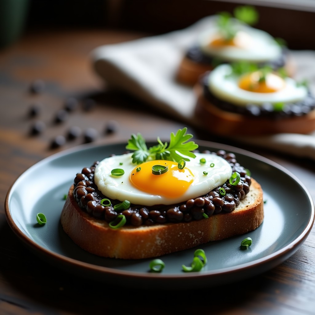 Tostada de pan de centeno integral con puré cremoso de lentejas negras, coronada por un huevo pochado de yema líquida, decorada con perejil fresco, cebollino y un hilo de aceite de oliva virgen extra. Plato servido en un mantel rústico de lino con fondo oscuro.