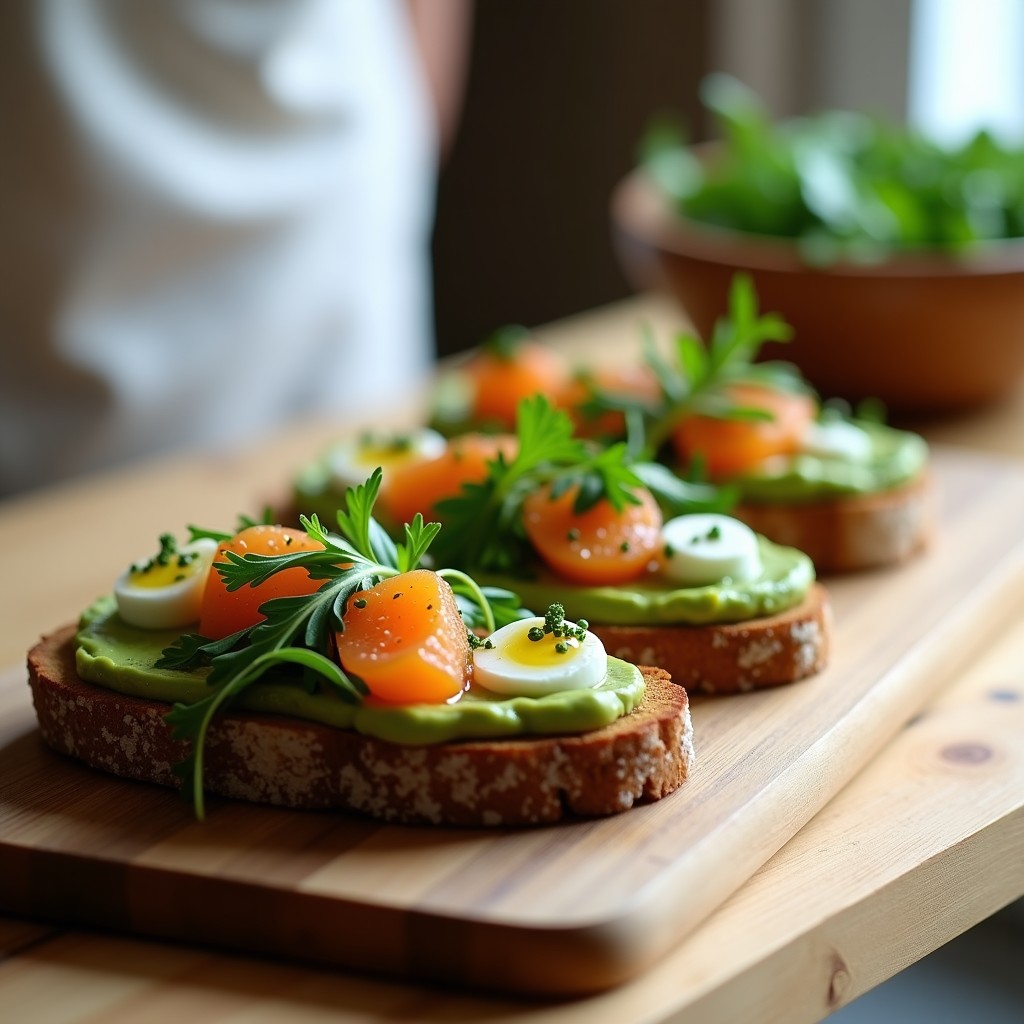Tostadas de pan de centeno crujiente cubiertas con crema de aguacate verde brillante, huevas de trucha naranjas, eneldo fresco, rúcula baby y semillas de sésamo tostadas. Aperitivo escandinavo rápido y elegante sobre tabla de madera rústica.