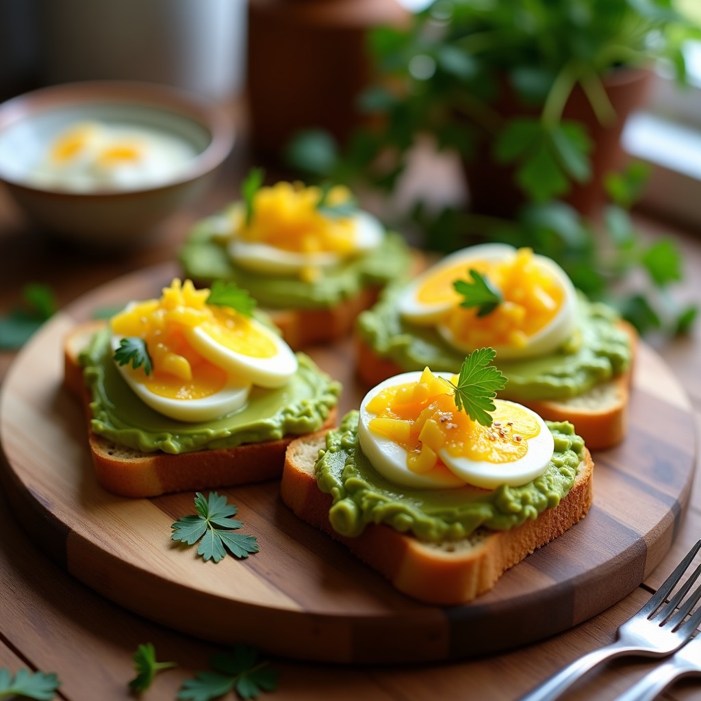 Tostadas doradas de pan de yuca con aguacate verde cremoso, rodajas de huevo escabeche amarillo intenso y semillas de sésamo, decoradas con cilantro fresco. Desayuno peruano alto en proteínas sobre tabla de madera rústica.