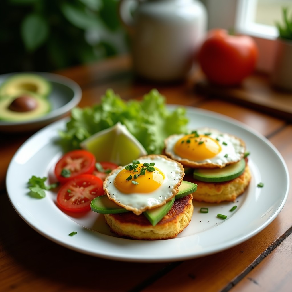 Tostadas doradas de pan integral con puré de aguacate cremoso, huevo pochado con yema líquida, semillas de chía y copos de chile rojo, servidas en plato blanco rústico sobre fondo de madera clara.