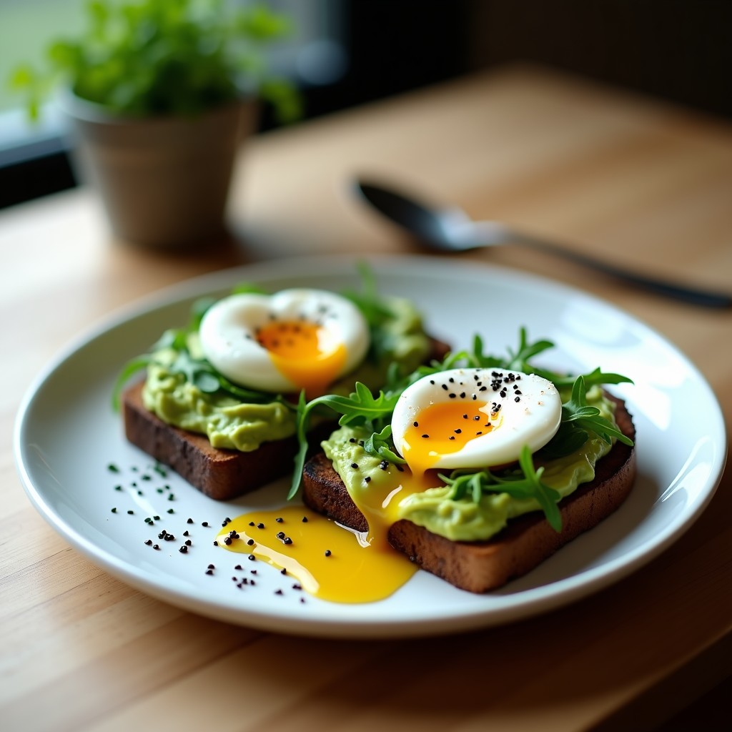 Tostadas doradas de pan de centeno con aguacate cremoso, huevo pochado de yema líquida, rúcula fresca y un hilo de aceite de trufa negra, servidas en un plato blanco rústico.