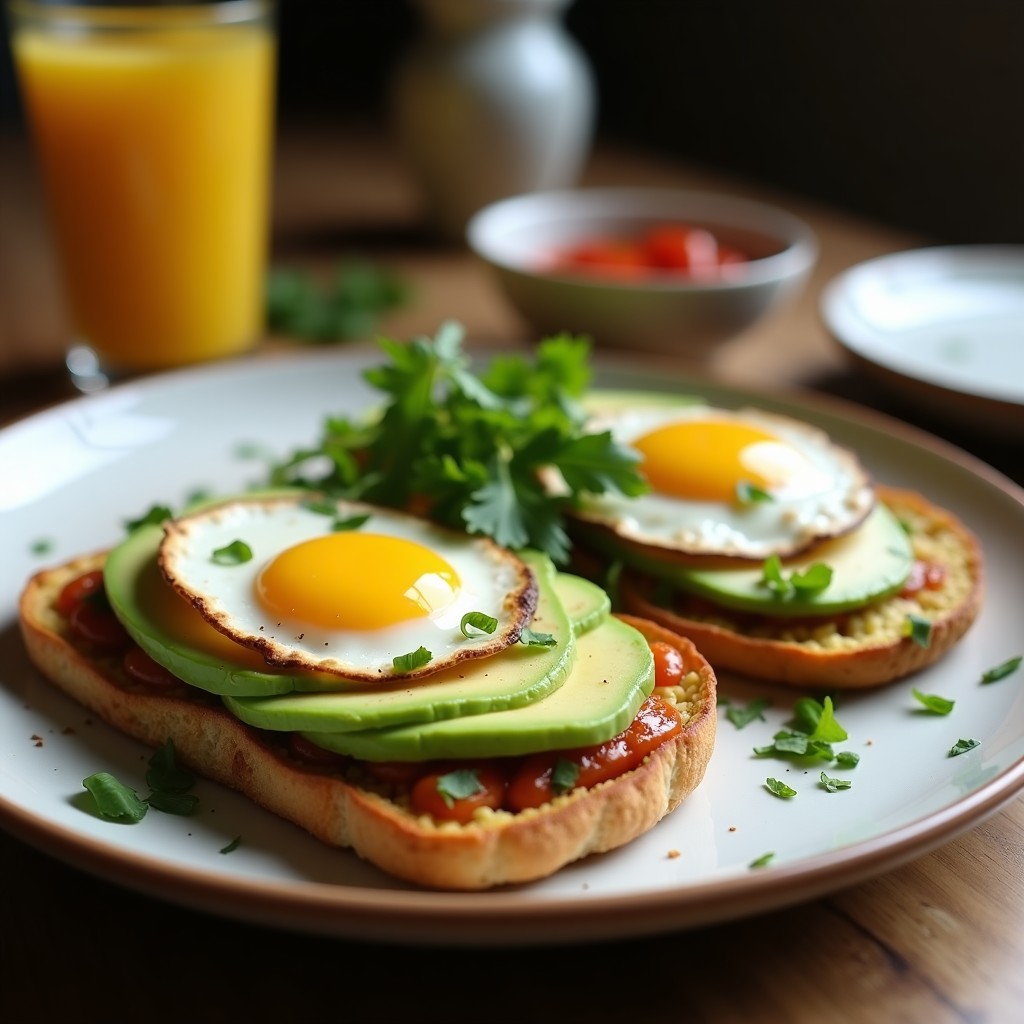 Plato blanco con dos tostadas de pan integral sin gluten cubiertas de aguacate cremoso, huevo pochado vegano de tofu con textura gelificada, decorado con semillas de sésamo, brotes de rábano y un hilo de aceite de oliva virgen extra.